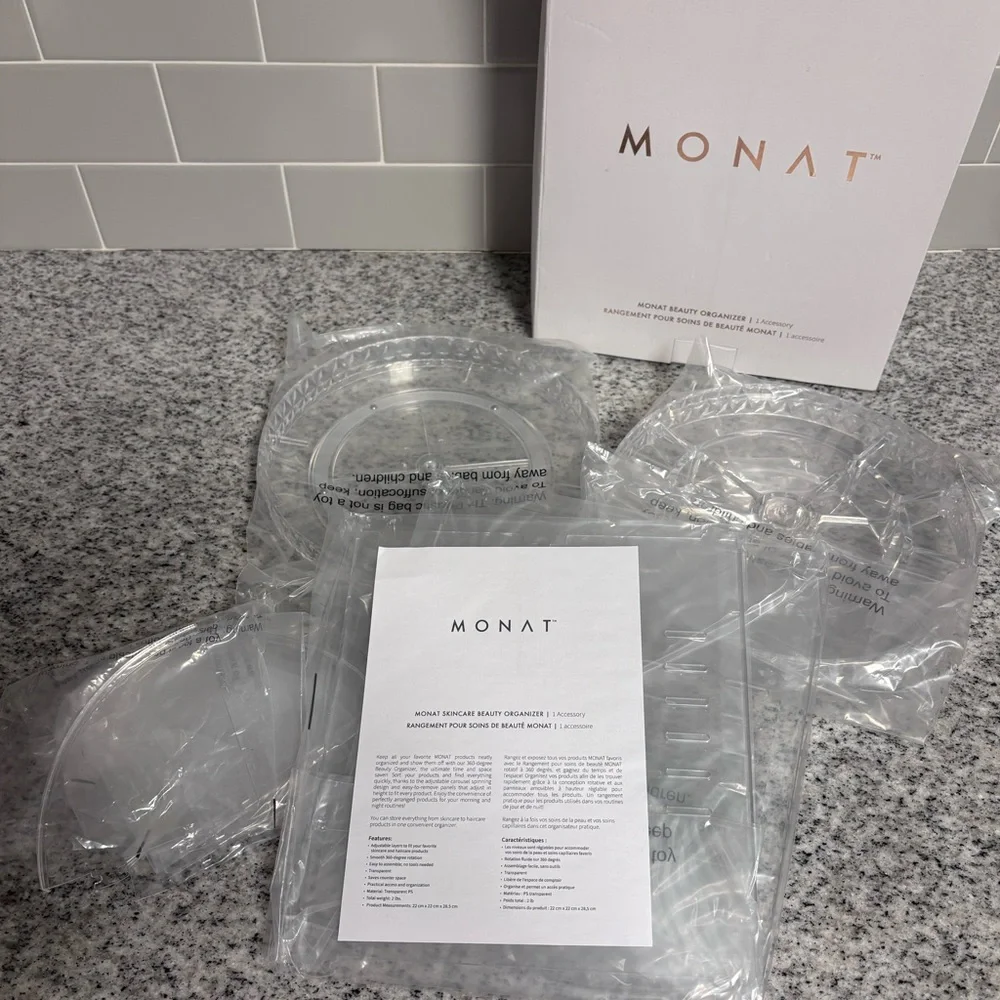 Monat 360° Rotating Acrylic Makeup Organizer 3-Tier Clear Storage NIB